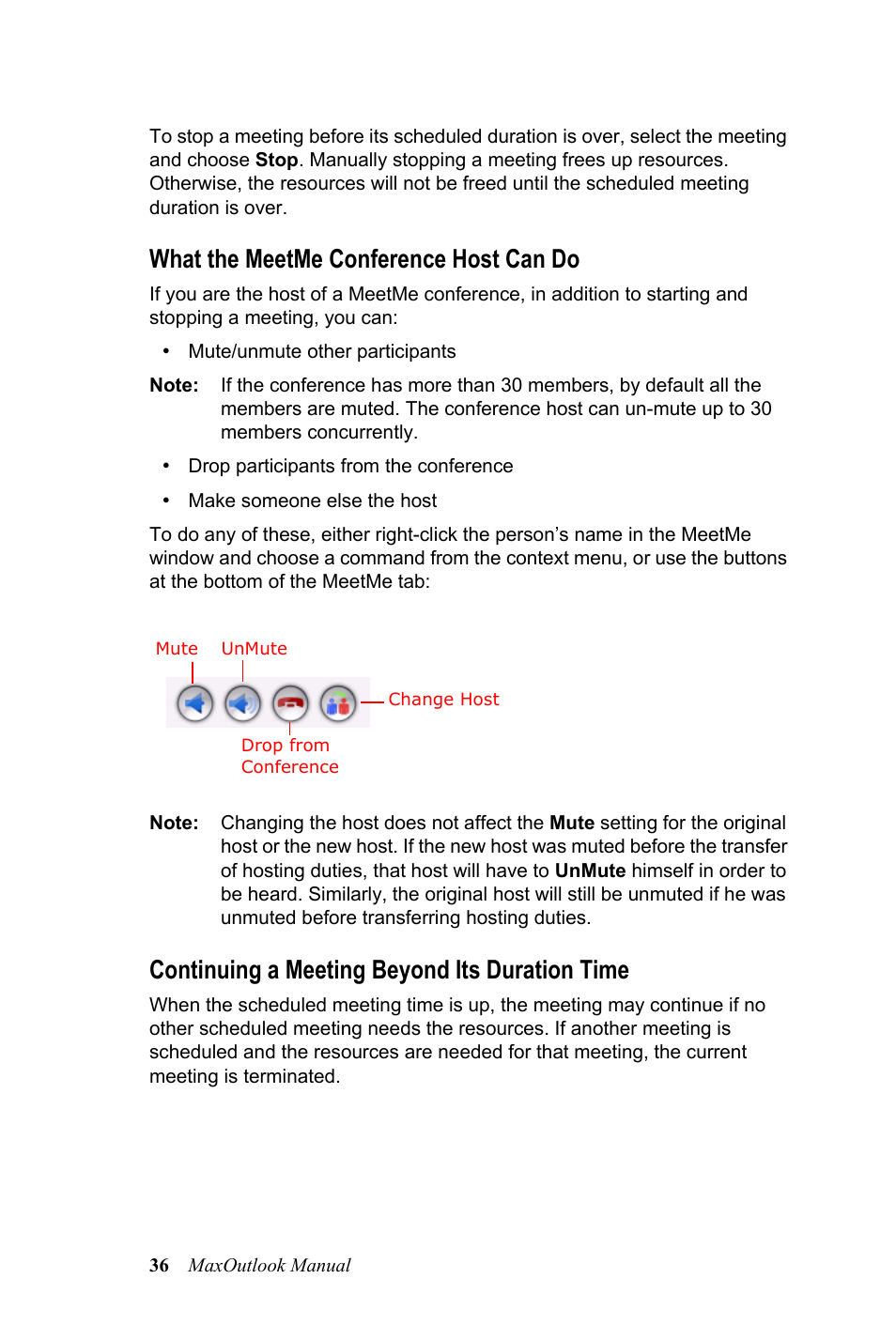 What the meetme conference host can do, Continuing a meeting beyond its duration time | AltiGen MAXCS 7.0 MaxOutlook User Manual | Page 42 / 81