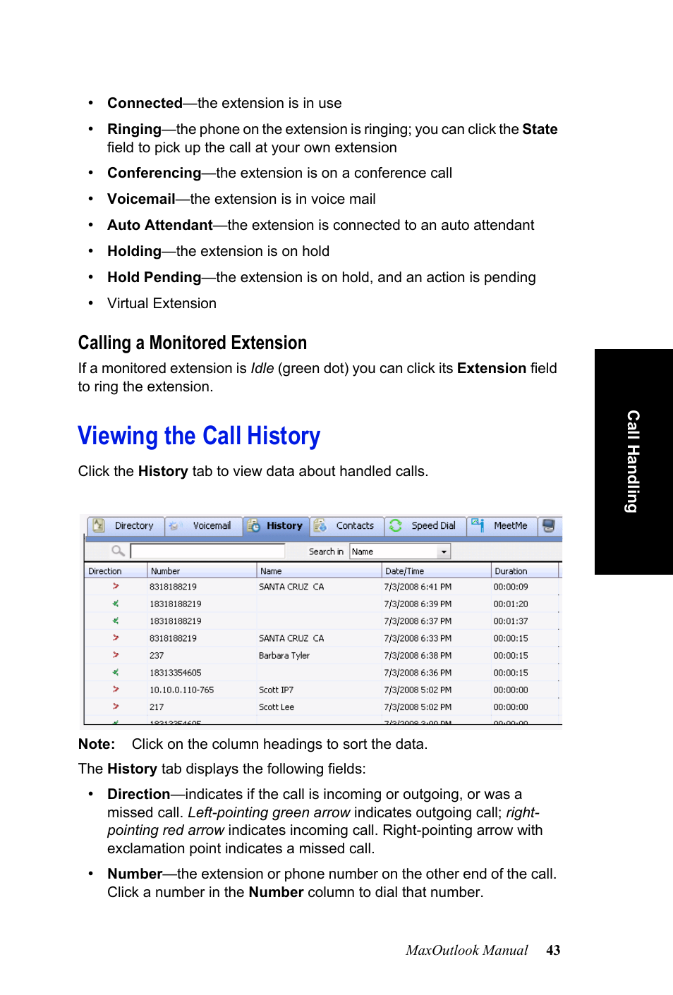 Calling a monitored extension, Viewing the call history | AltiGen MAXCS 7.0 MaxOutlook User Manual | Page 49 / 81