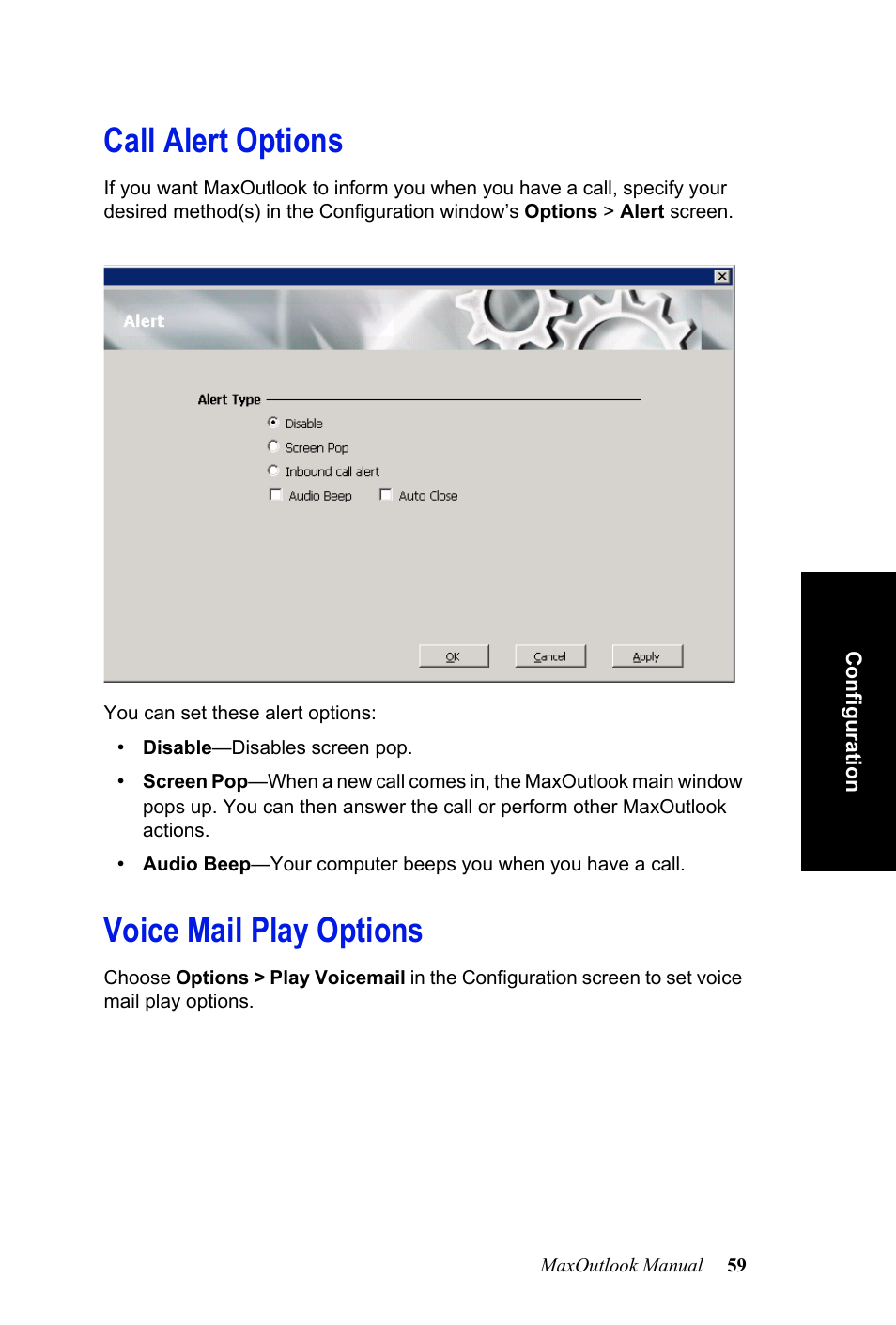 Call alert options, Voice mail play options, Call alert options voice mail play options | AltiGen MAXCS 7.0 MaxOutlook User Manual | Page 65 / 81