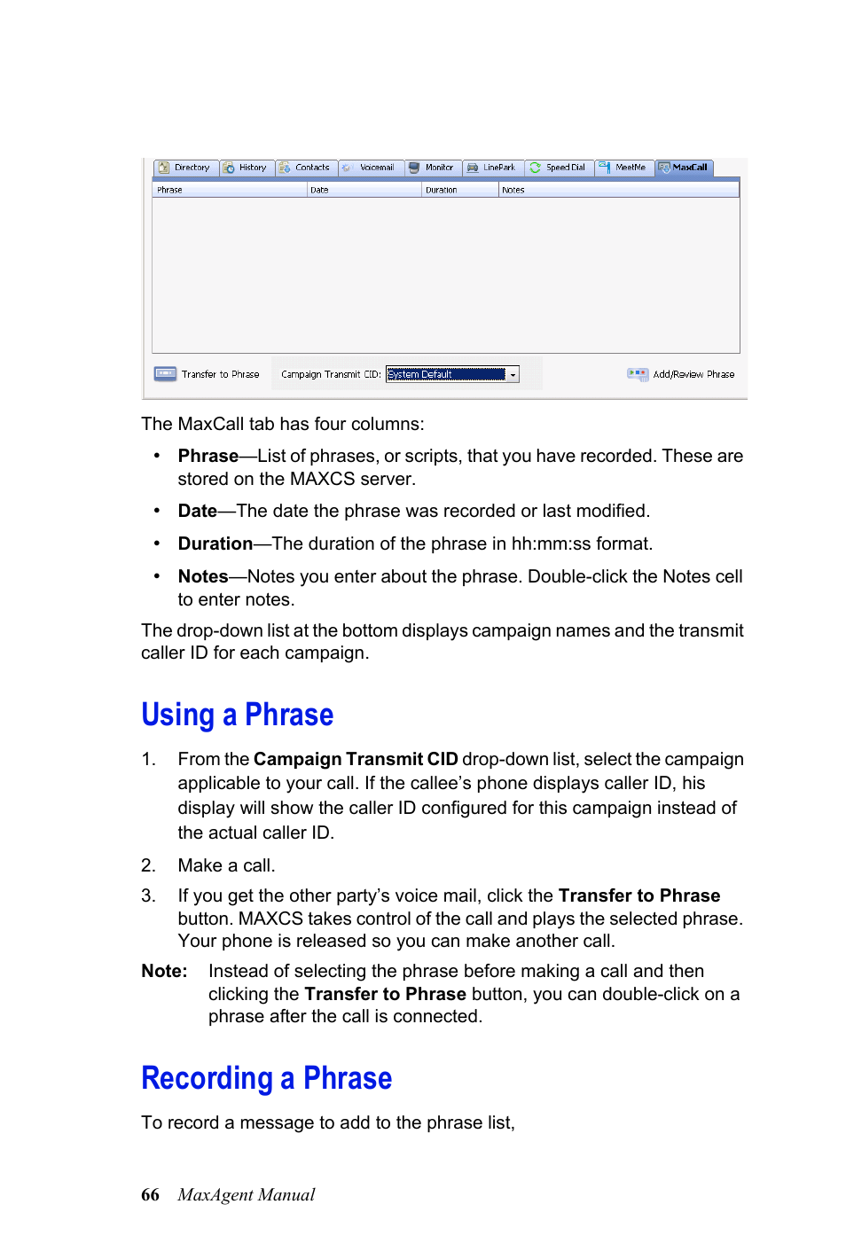 Using a phrase, Recording a phrase, Using a phrase recording a phrase | AltiGen MAXCS 7.0 MaxOutlook User Manual | Page 72 / 81