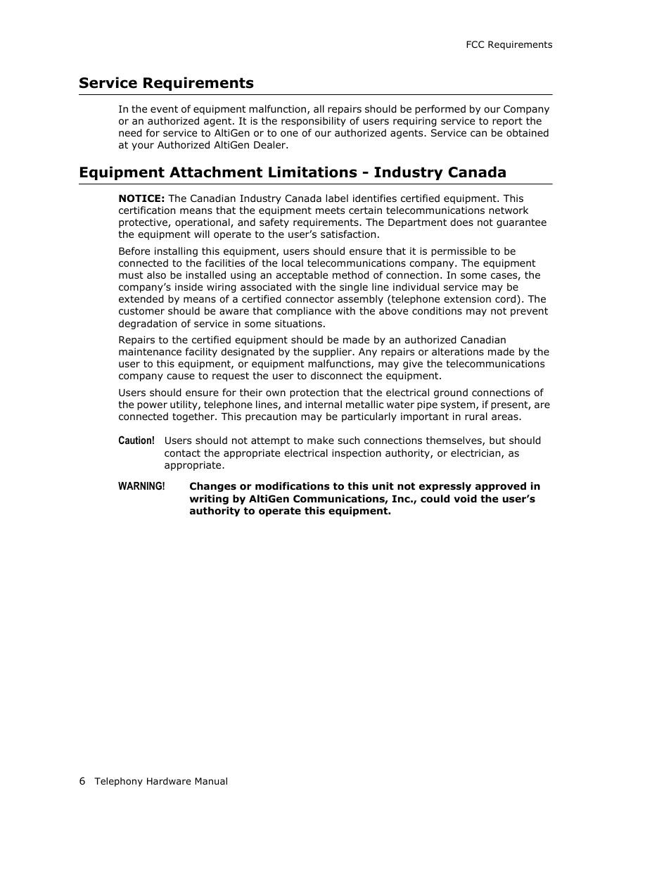 Service requirements, Equipment attachment limitations - industry canada | AltiGen MAXCS 7.0 Telephony Hardware User Manual | Page 12 / 68