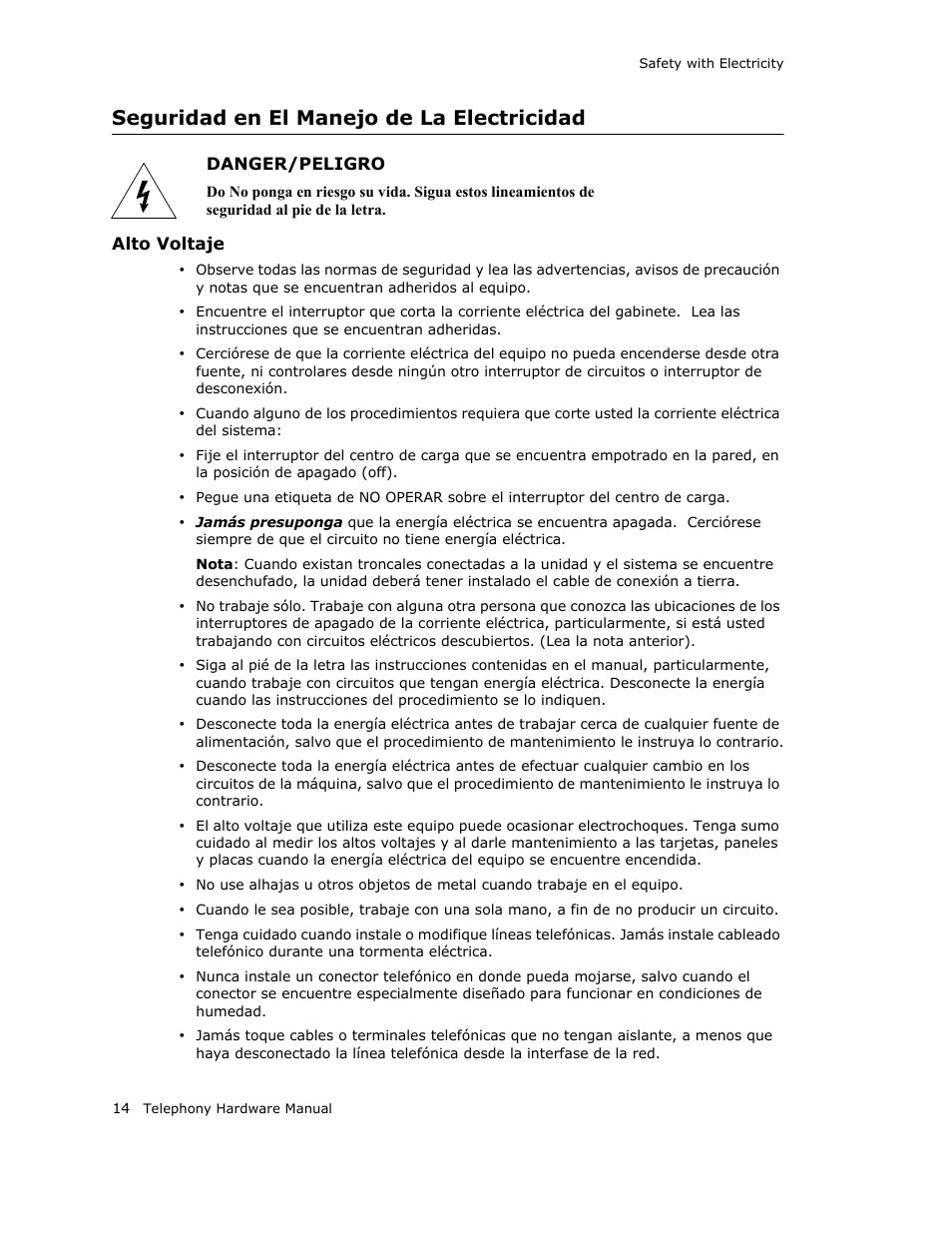 Seguridad en el manejo de la electricidad | AltiGen MAXCS 7.0 Telephony Hardware User Manual | Page 20 / 68