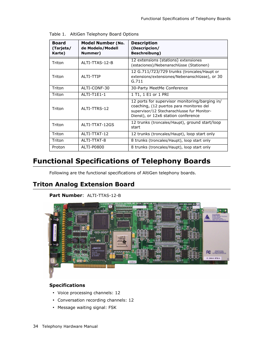 Functional specifications of telephony boards, Triton analog extension board | AltiGen MAXCS 7.0 Telephony Hardware User Manual | Page 40 / 68