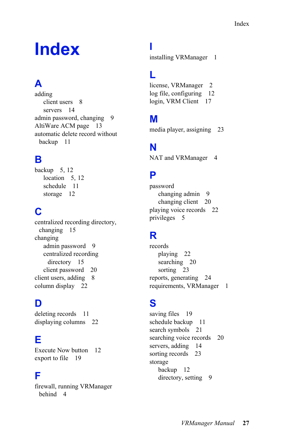 Index | AltiGen MAXCS 7.0 VRManager User Manual | Page 31 / 32