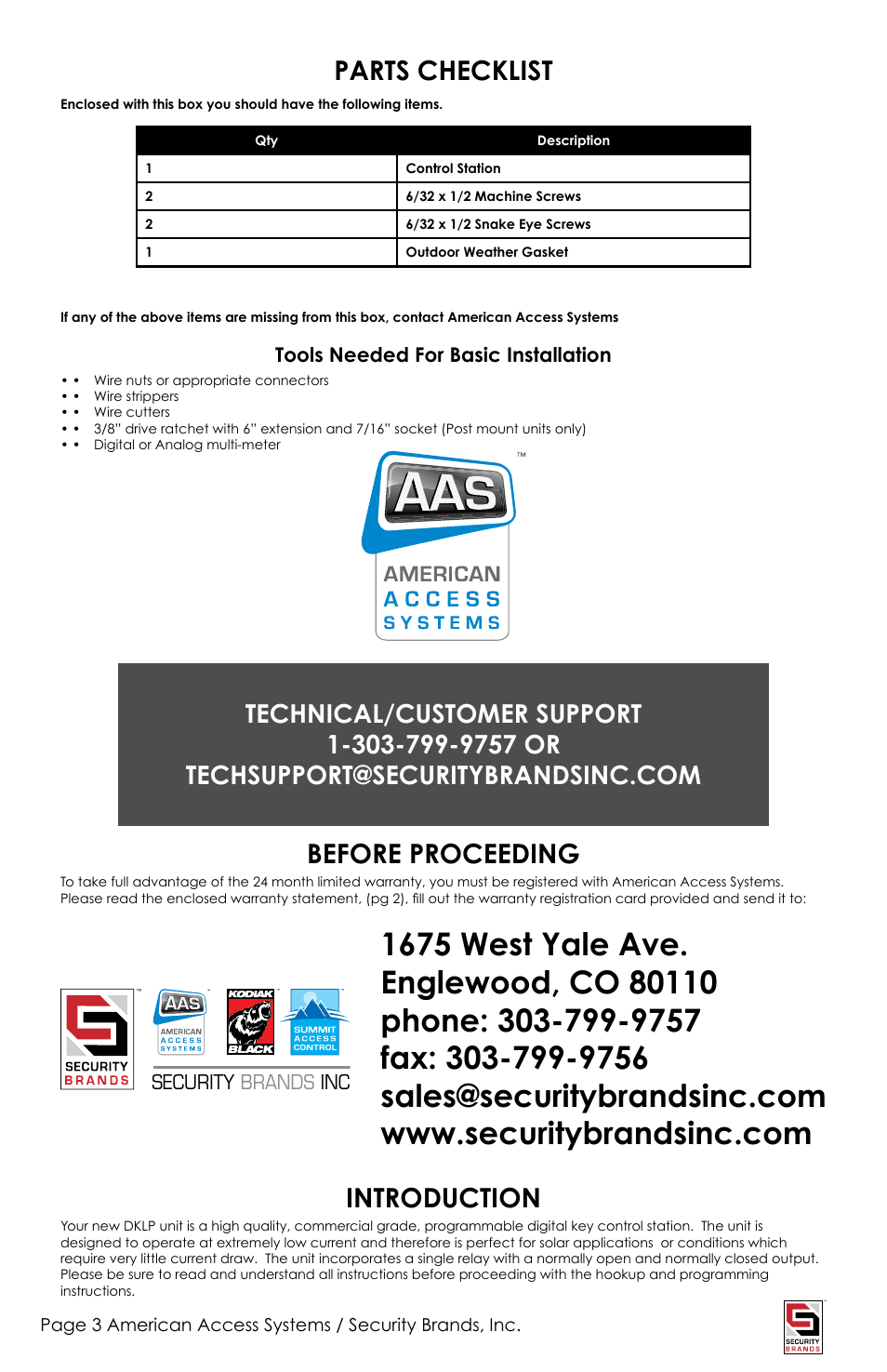 Parts checklist, Introduction, Before proceeding | American Access Systems Advantage DKLP - Single Gang - 19-100sg User Manual | Page 3 / 12