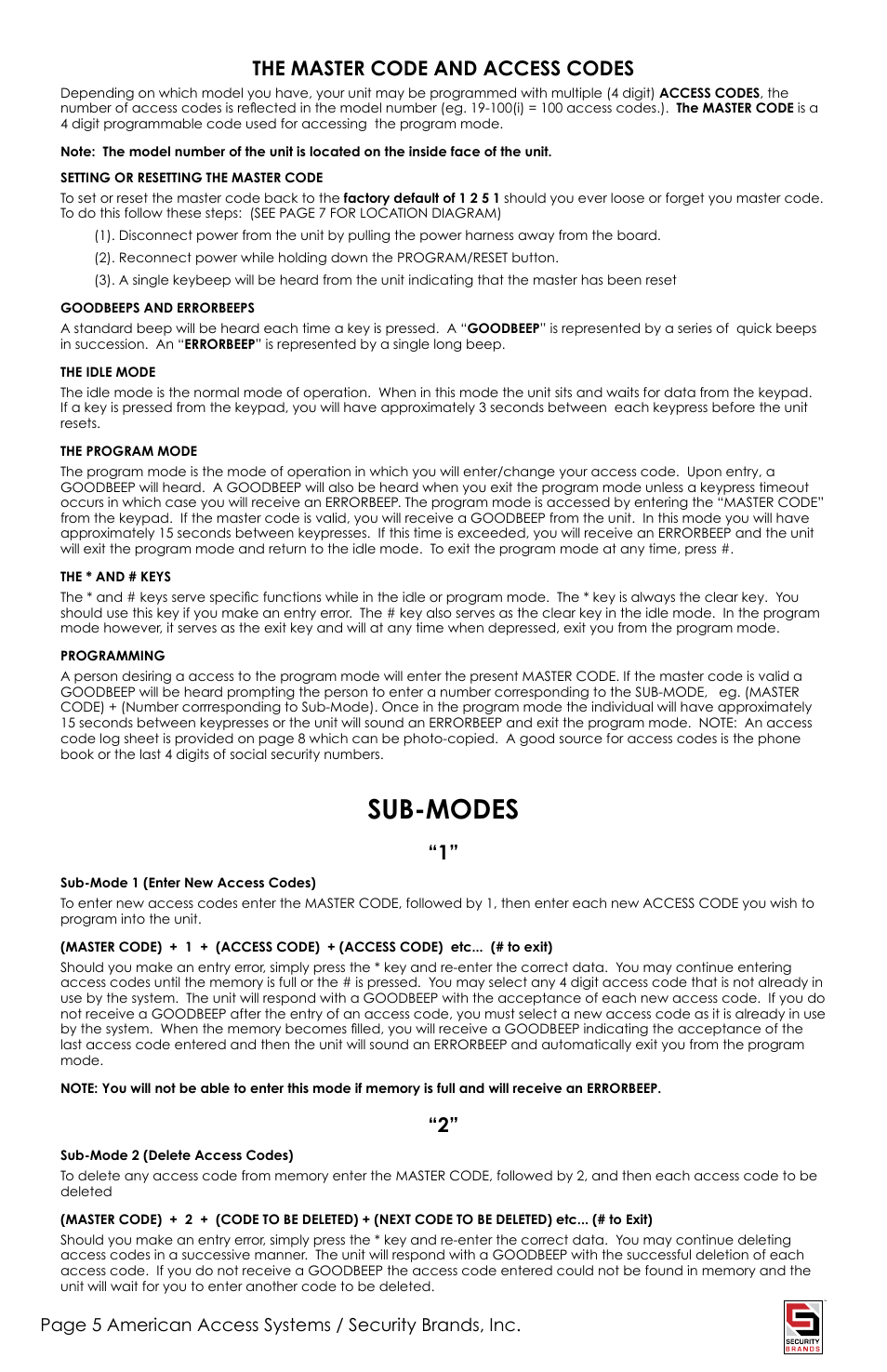 Sub-modes, The master code and access codes | American Access Systems Advantage DKLP - Single Gang - 19-100sg User Manual | Page 5 / 12