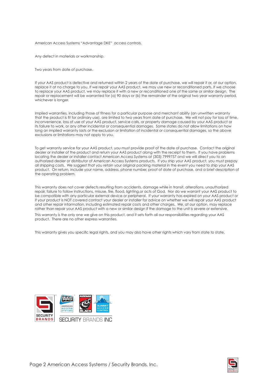 American Access Systems Advantage DKE - Metal - 26-100L User Manual | Page 2 / 12