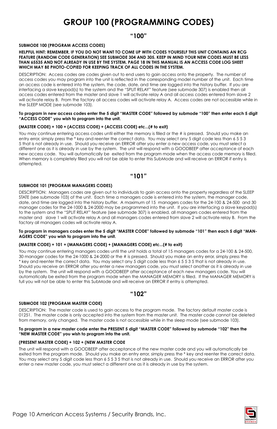 Group 100 (programming codes) | American Access Systems Advantage DKSII - Regular - 24-1000i User Manual | Page 10 / 20