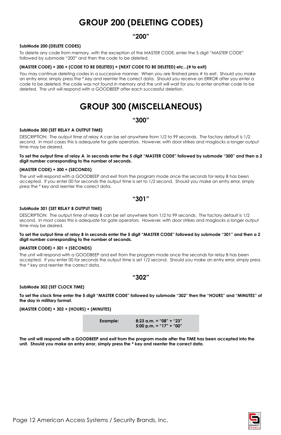 Group 200 (deleting codes), Group 300 (miscellaneous) | American Access Systems Advantage DKSII - Regular - 24-1000i User Manual | Page 12 / 20