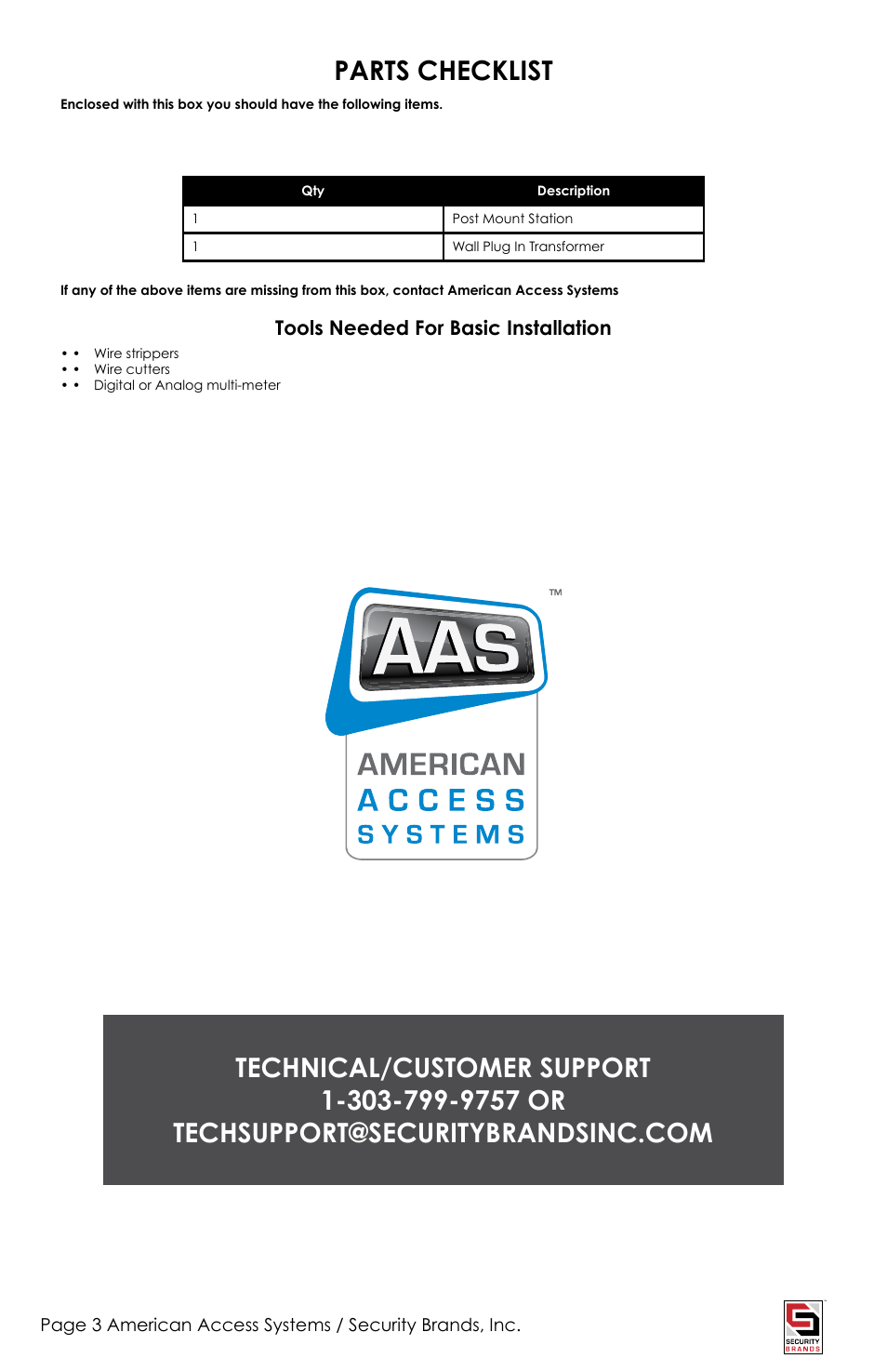 Parts checklist | American Access Systems Advantage DKSII - Regular - 24-1000i User Manual | Page 3 / 20