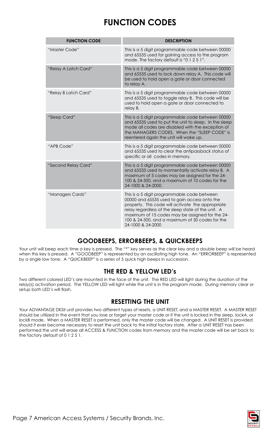 Function codes, Goodbeeps, errorbeeps, & quickbeeps, The red & yellow led’s | Resetting the unit | American Access Systems Advantage DKSII - Regular - 24-1000i User Manual | Page 7 / 20