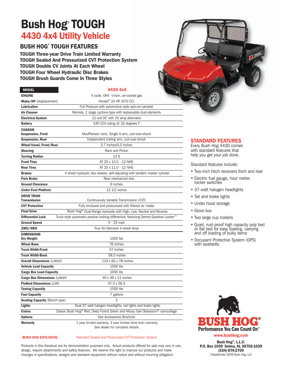 Bush hog, Tough, Tough features | Standard features | Bush Hog Off Road Utility Vehicle 4430 User Manual | Page 2 / 2