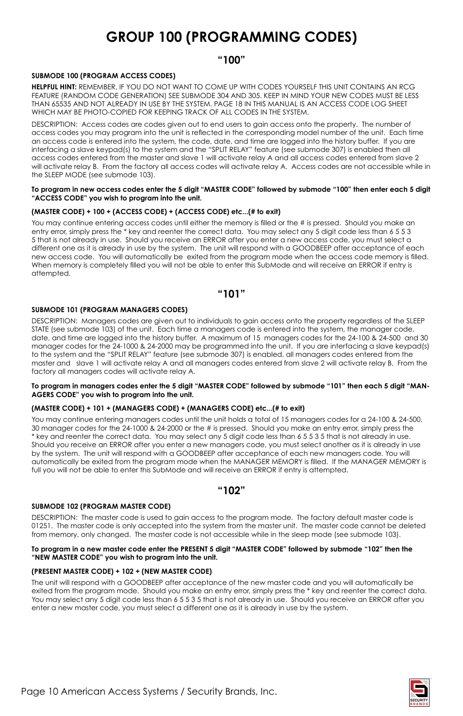 Group 100 (programming codes) | American Access Systems Advantage DKSII - Raintight Unit - 24-1000D User Manual | Page 10 / 20