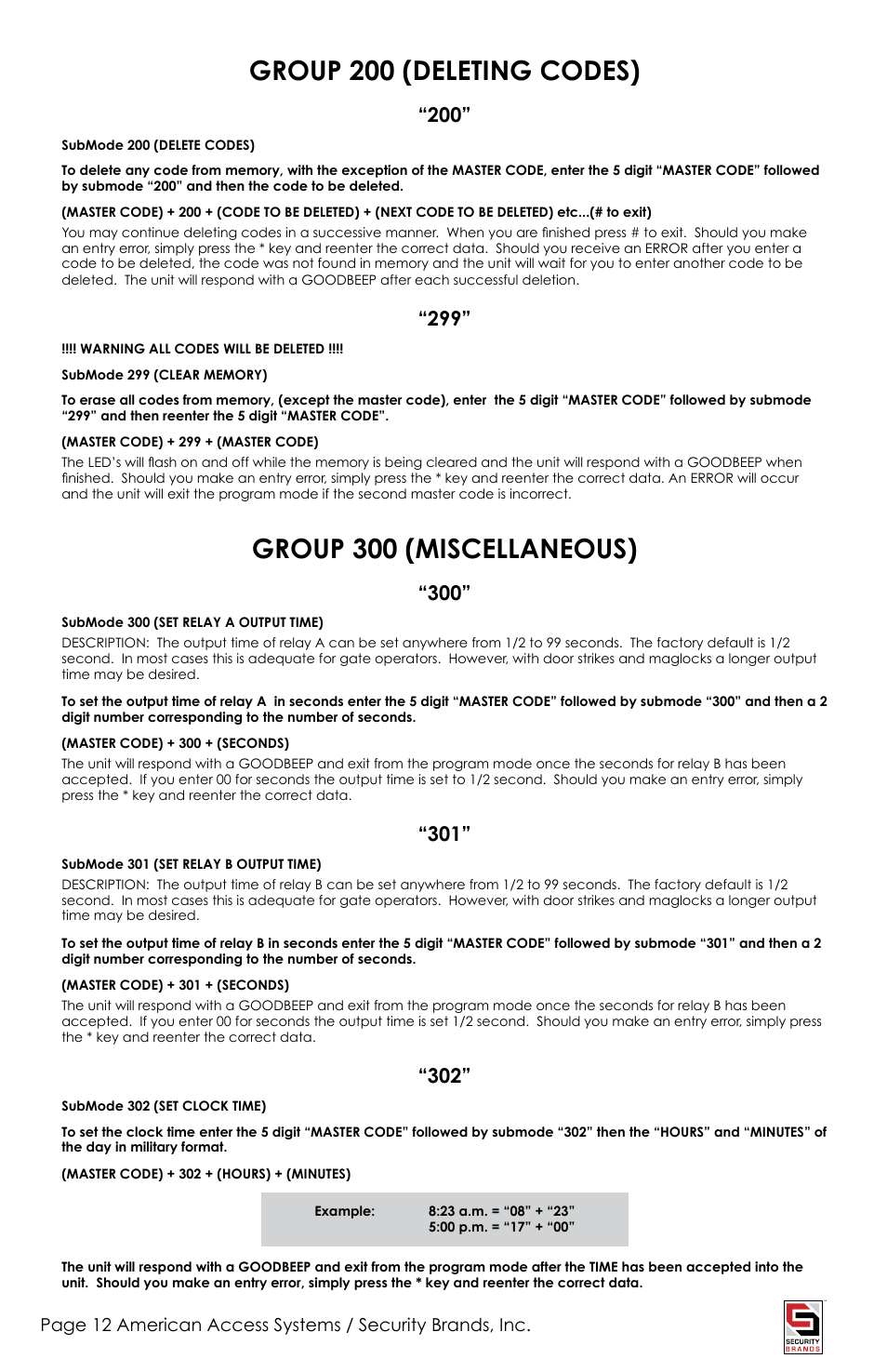 Group 200 (deleting codes), Group 300 (miscellaneous) | American Access Systems Advantage DKSII - Raintight Unit - 24-1000D User Manual | Page 12 / 20