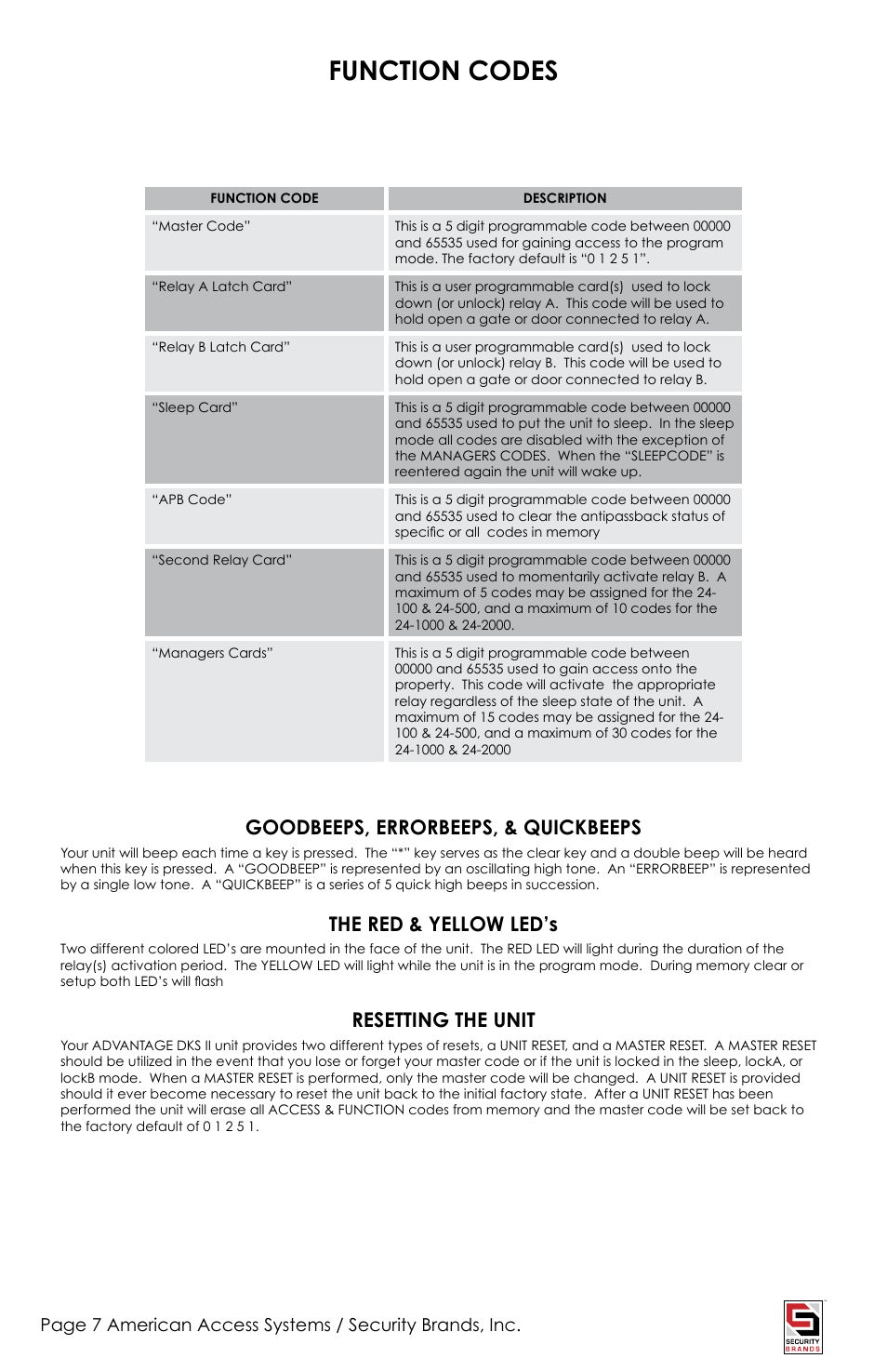 Function codes, Goodbeeps, errorbeeps, & quickbeeps, The red & yellow led’s | Resetting the unit | American Access Systems Advantage DKSII - Raintight Unit - 24-1000D User Manual | Page 7 / 20
