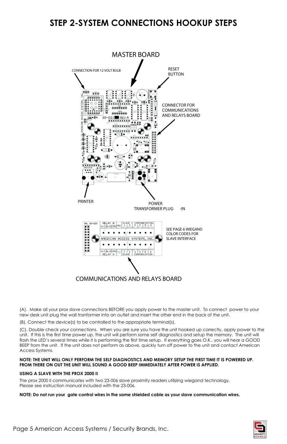 Step 2-system connections hookup steps, Master board, Communications and relays board | American Access Systems Advantage DG - Desk Unit - 23-2000D User Manual | Page 5 / 20