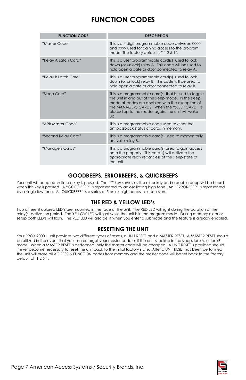 Function codes, Goodbeeps, errorbeeps, & quickbeeps, The red & yellow led’s | Resetting the unit | American Access Systems Advantage DG - Desk Unit - 23-2000D User Manual | Page 7 / 20