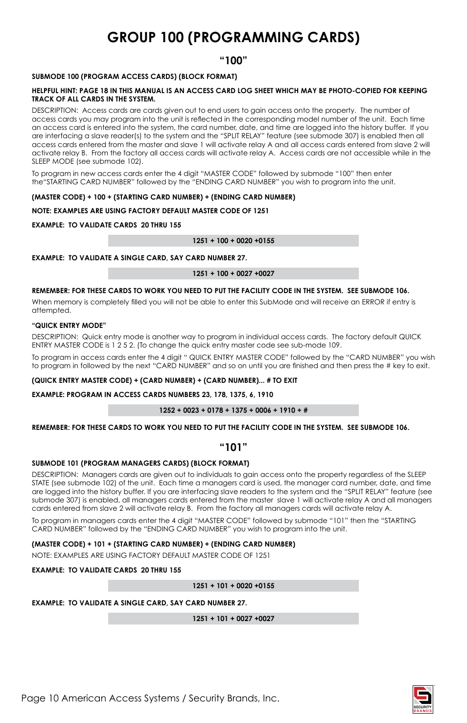 Group 100 (programming cards) | American Access Systems Advantage DG - Raintight Unit - 23-2000rt User Manual | Page 10 / 20