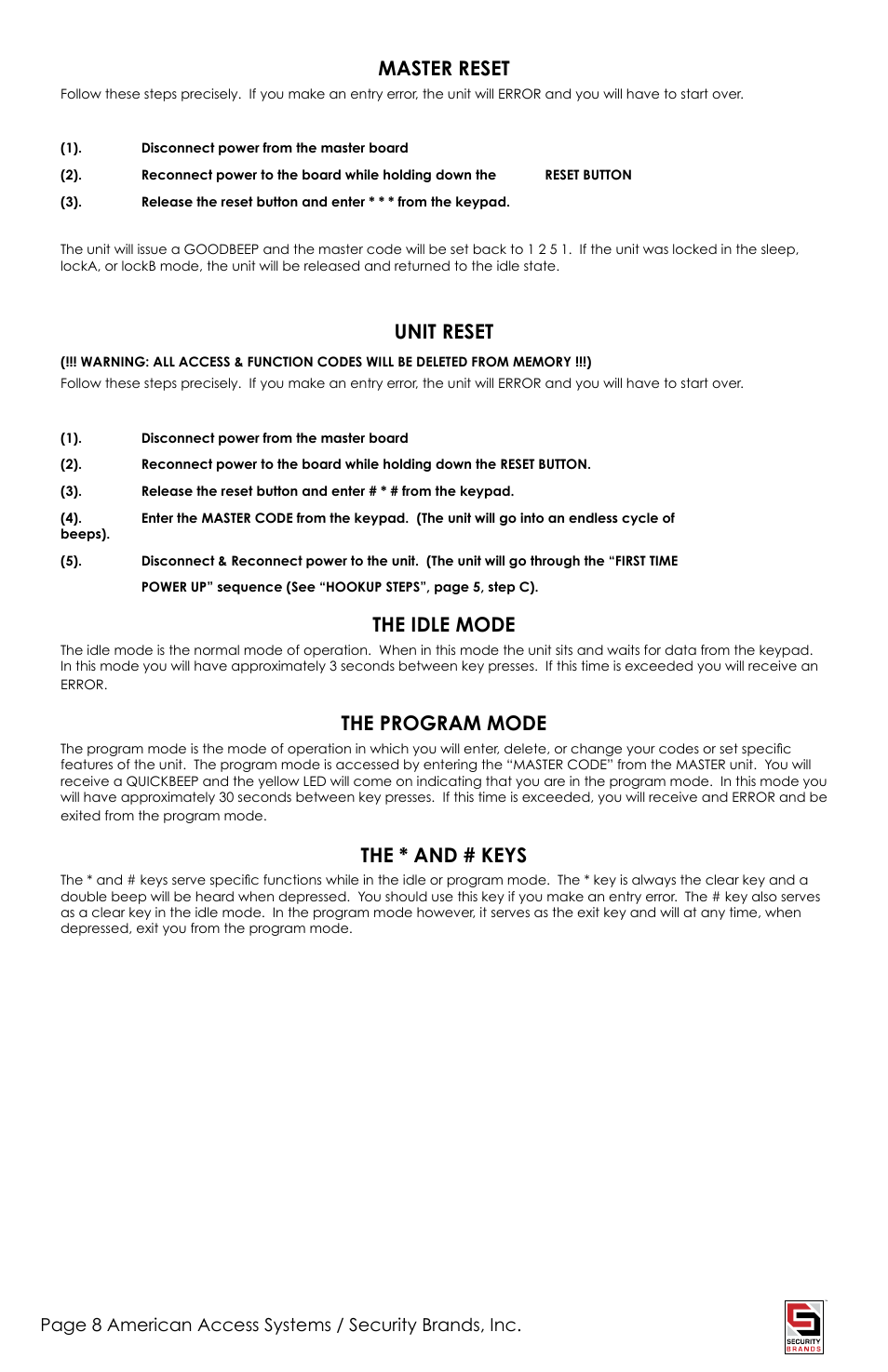 Master reset, Unit reset, The idle mode | The program mode, The * and # keys | American Access Systems Advantage DG - Raintight Unit - 23-2000rt User Manual | Page 8 / 20