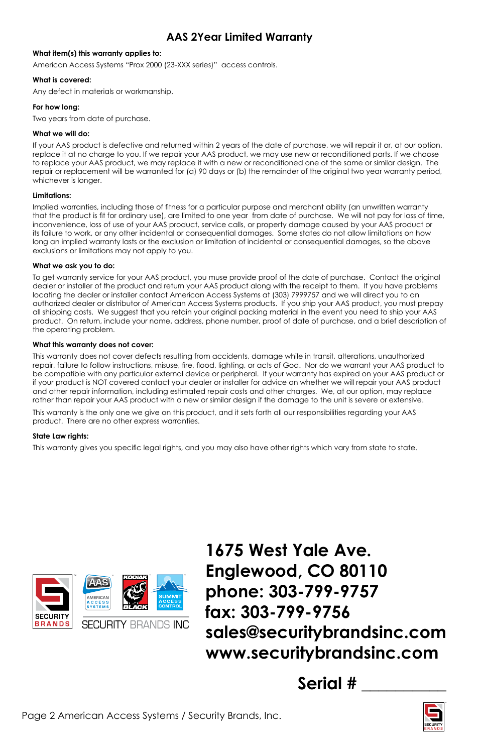 Serial | American Access Systems Prox Card Reader - 23-013 User Manual | Page 2 / 8