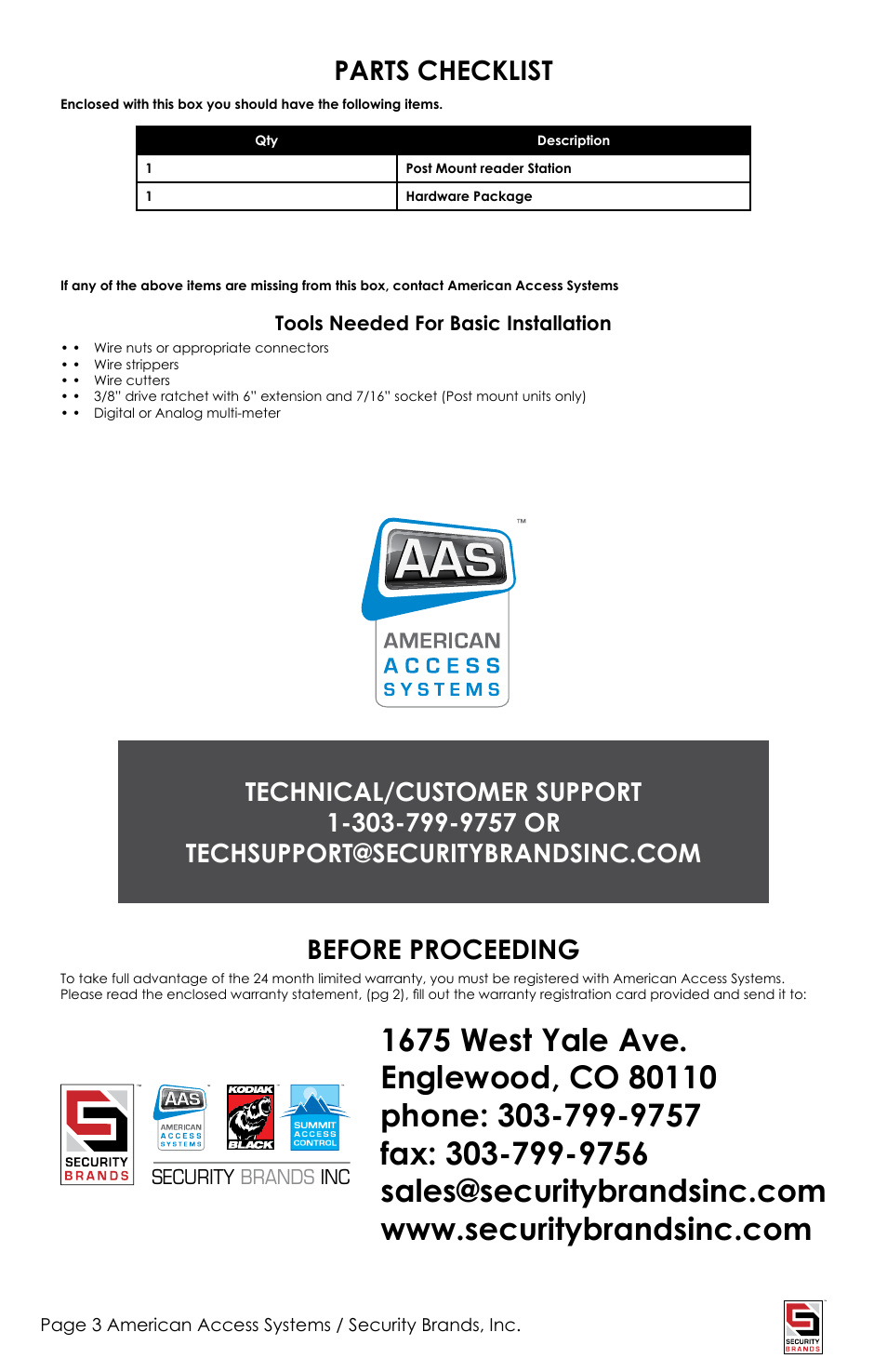 Parts checklist, Before proceeding | American Access Systems Prox Card Reader - 23-013 User Manual | Page 3 / 8
