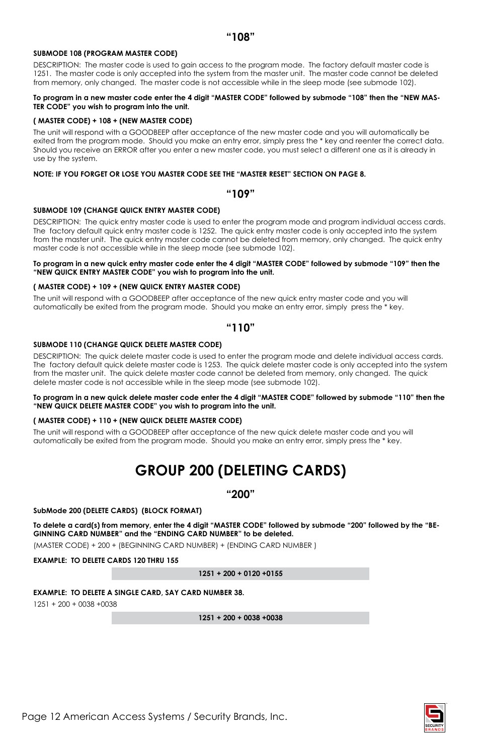 Group 200 (deleting cards) | American Access Systems Prox Card Reader - 23-206 User Manual | Page 12 / 20