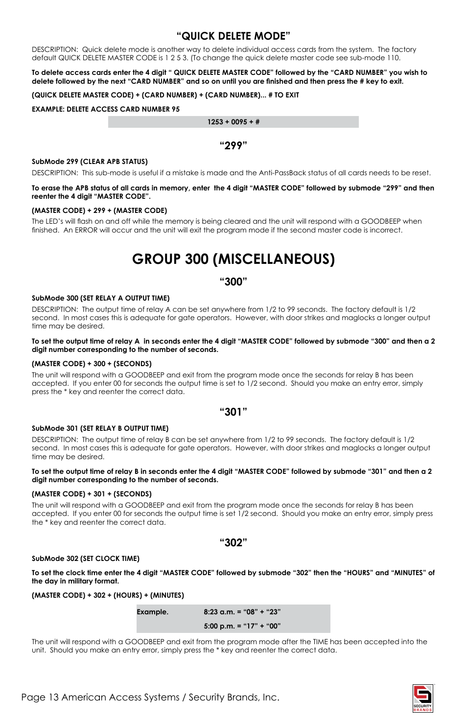 Group 300 (miscellaneous), Quick delete mode | American Access Systems Prox Card Reader - 23-206 User Manual | Page 13 / 20