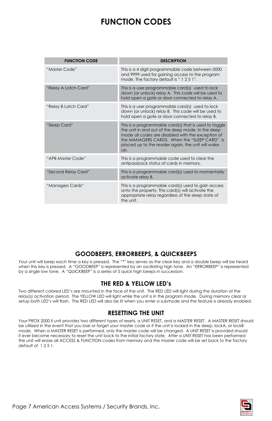 Function codes, Goodbeeps, errorbeeps, & quickbeeps, The red & yellow led’s | Resetting the unit | American Access Systems Prox Card Reader - 23-206 User Manual | Page 7 / 20