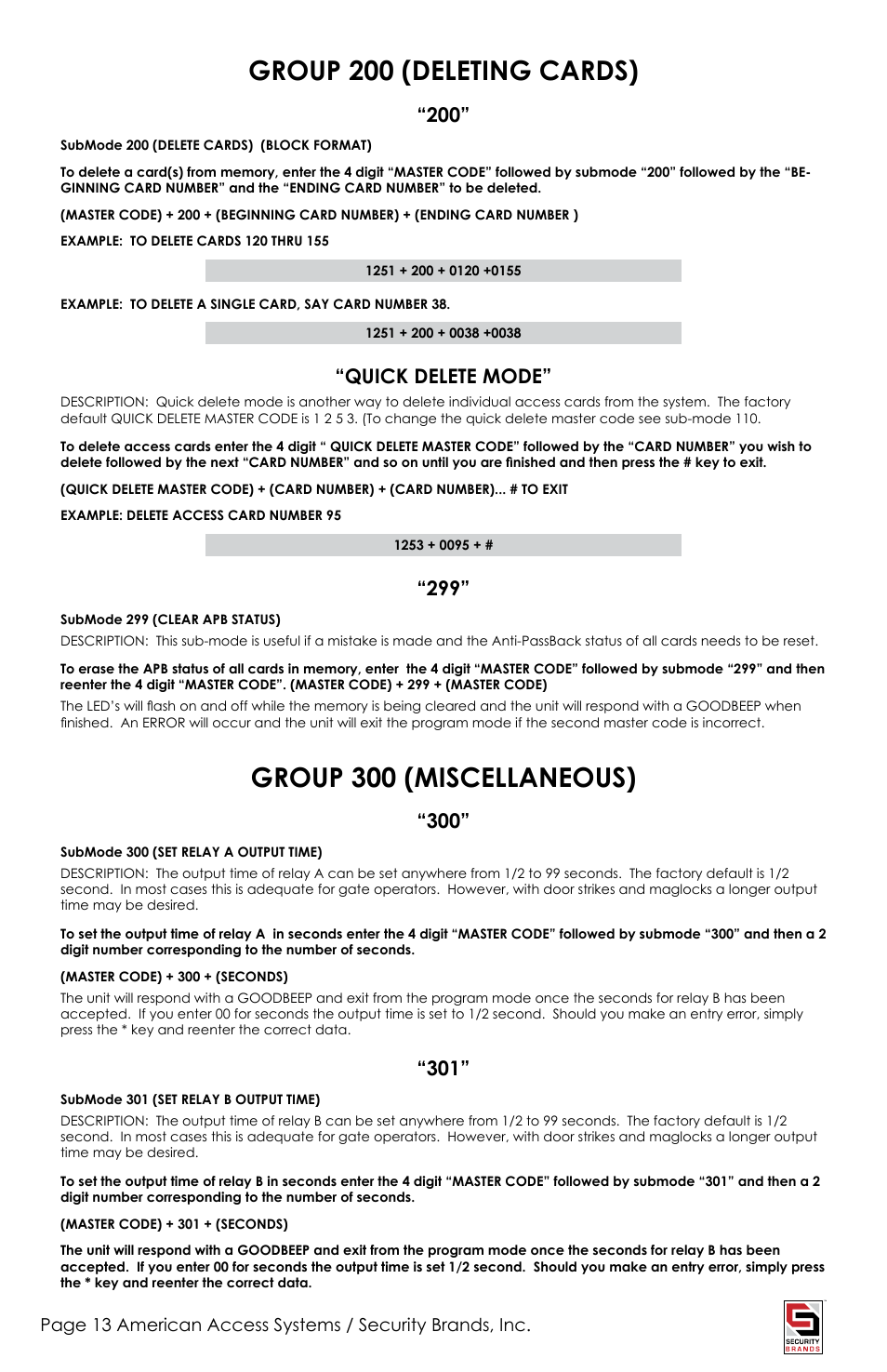 Group 200 (deleting cards), Group 300 (miscellaneous), Quick delete mode | American Access Systems Prox Card Reader - 23-213 User Manual | Page 13 / 20