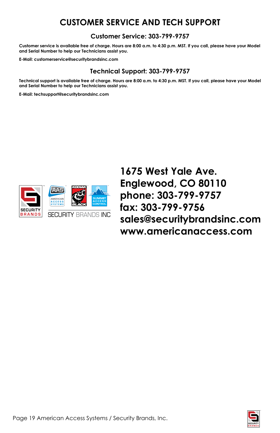 Customer service and tech support | American Access Systems Prox Card Reader - 23-213 User Manual | Page 19 / 20