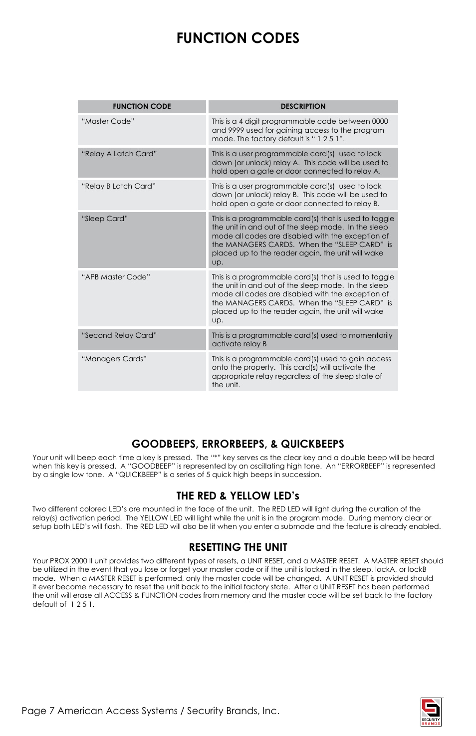 Function codes, Goodbeeps, errorbeeps, & quickbeeps, The red & yellow led’s | Resetting the unit | American Access Systems Prox Card Reader - 23-213 User Manual | Page 7 / 20