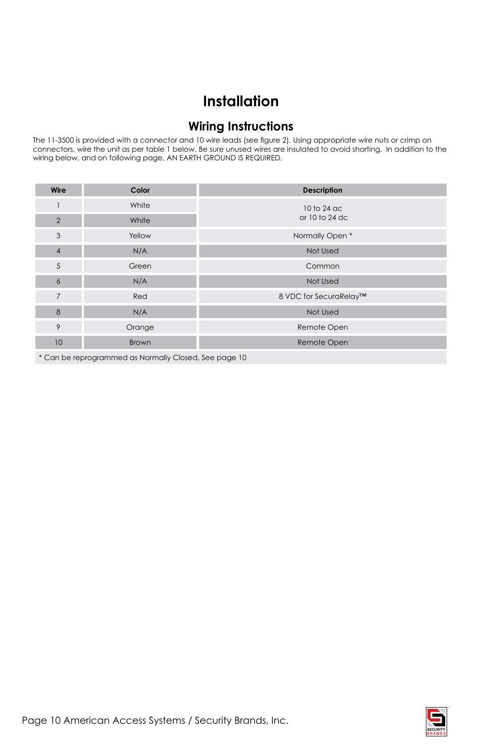 Installation, Wiring instructions | American Access Systems Touch Plate Reader - 11-3500 User Manual | Page 10 / 16