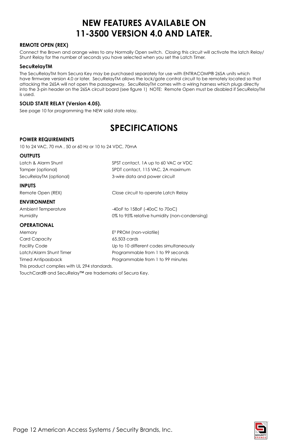 Specifications | American Access Systems Touch Plate Reader - 11-3500 User Manual | Page 12 / 16
