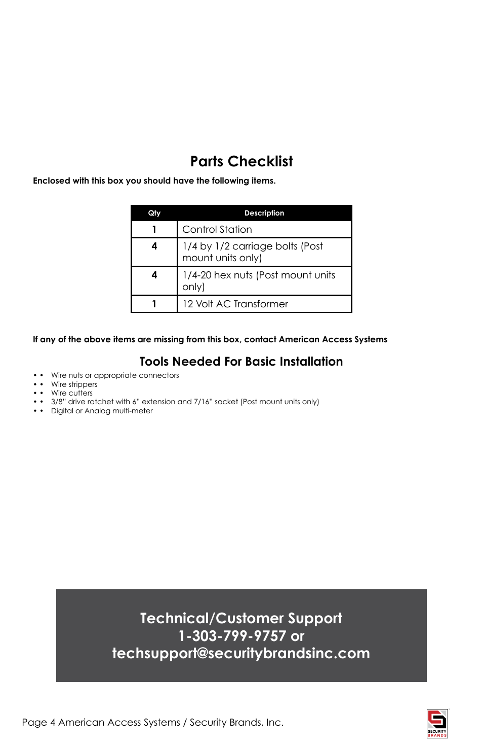 Parts checklist, Tools needed for basic installation | American Access Systems Touch Plate Reader - 11-3500 User Manual | Page 4 / 16