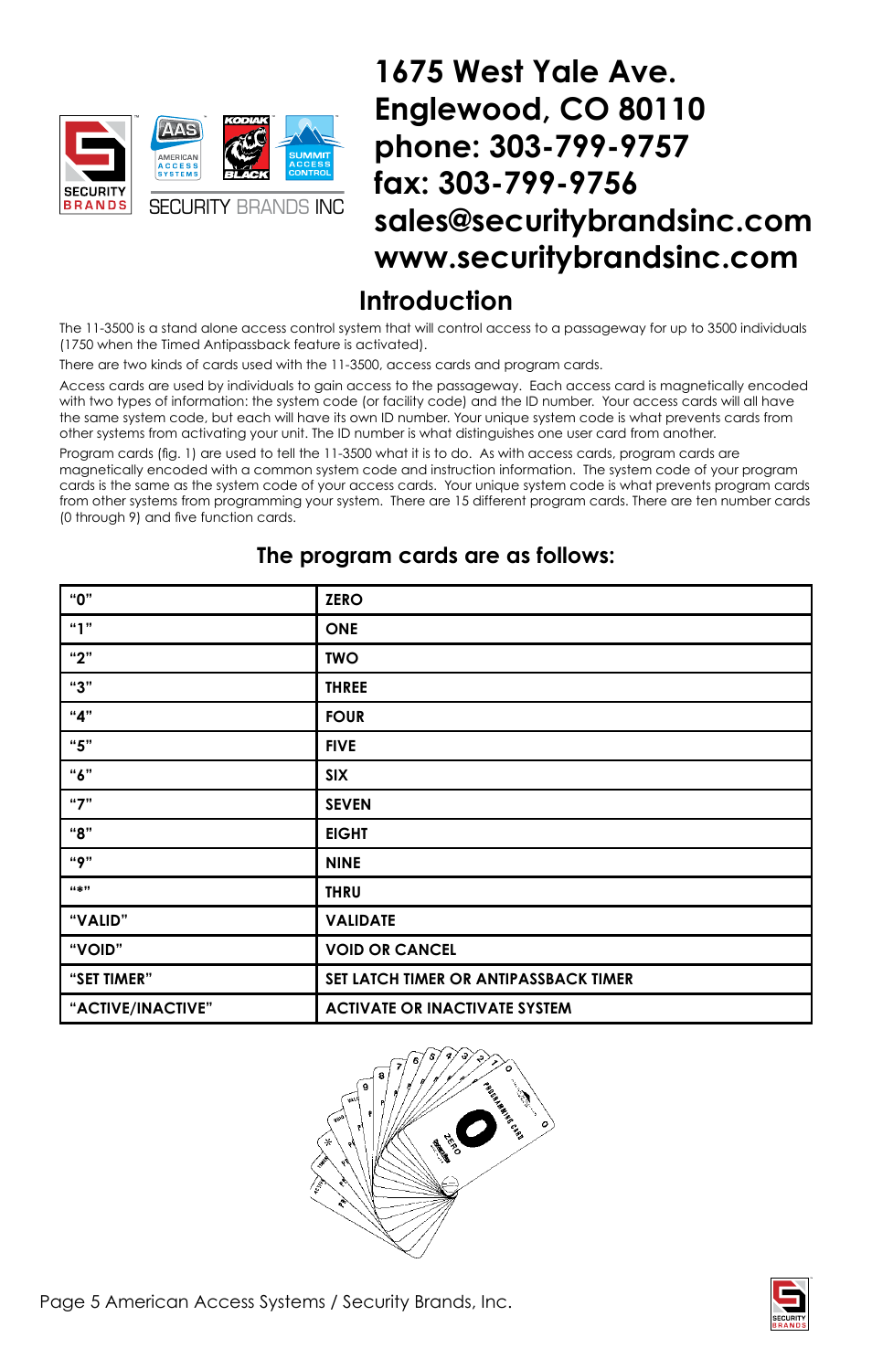 Introduction, The program cards are as follows | American Access Systems Touch Plate Reader - 11-3500 User Manual | Page 5 / 16