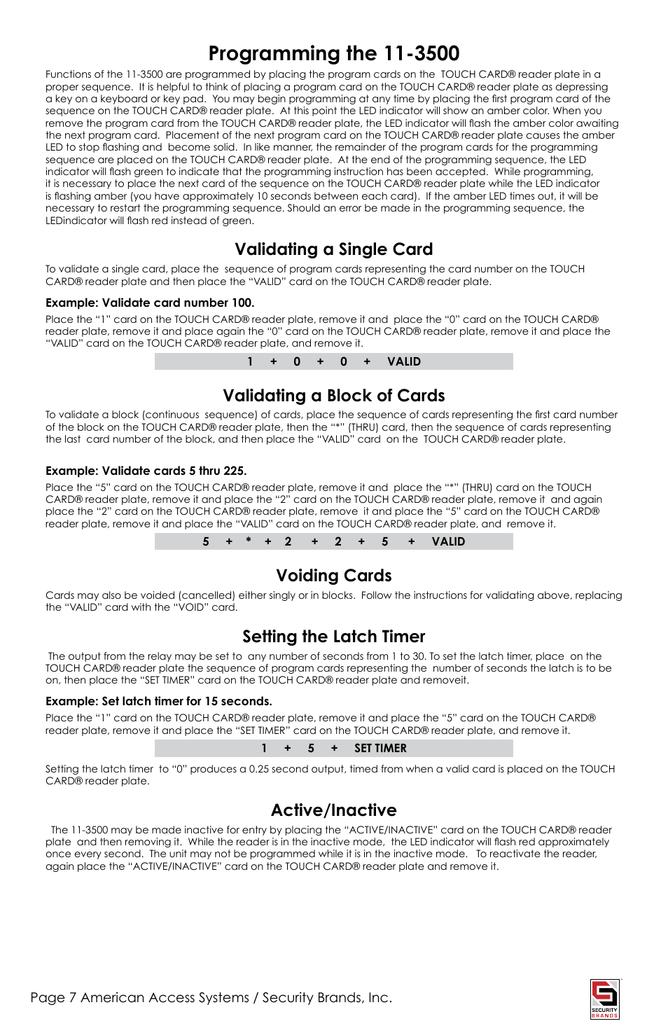 Validating a single card, Validating a block of cards, Voiding cards | Setting the latch timer, Active/inactive | American Access Systems Touch Plate Reader - 11-3500 User Manual | Page 7 / 16