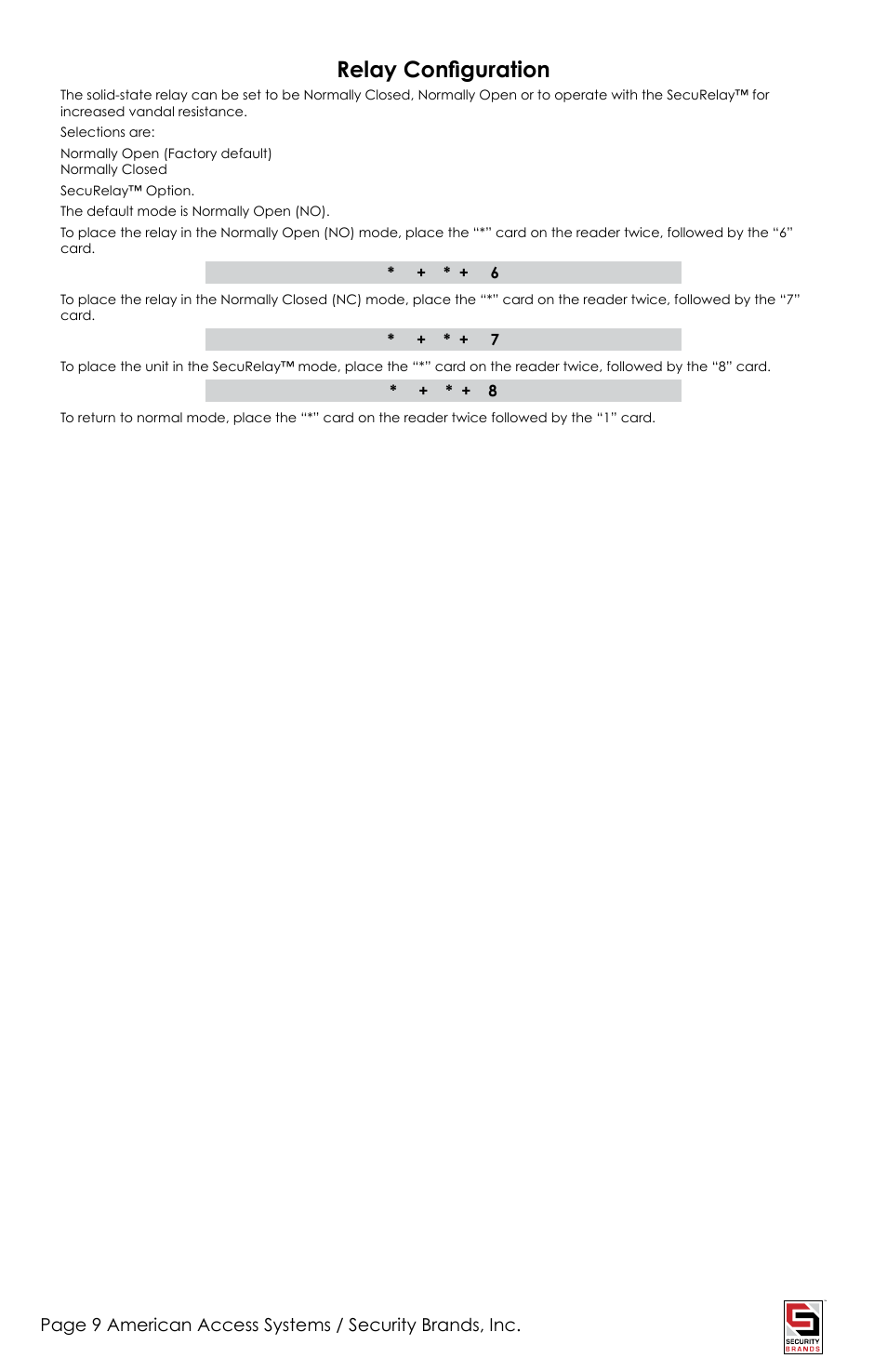 Relay configuration | American Access Systems Touch Plate Reader - 11-3500 User Manual | Page 9 / 16