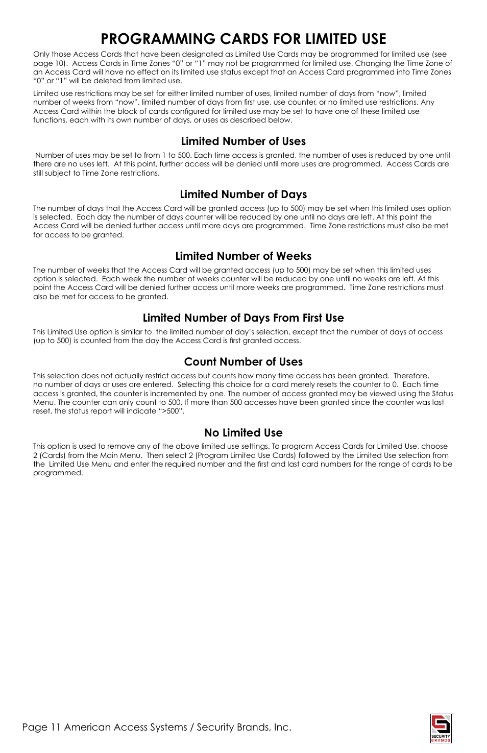 Programming cards for limited use | American Access Systems Touch Plate Reader - 11-65000 User Manual | Page 11 / 32