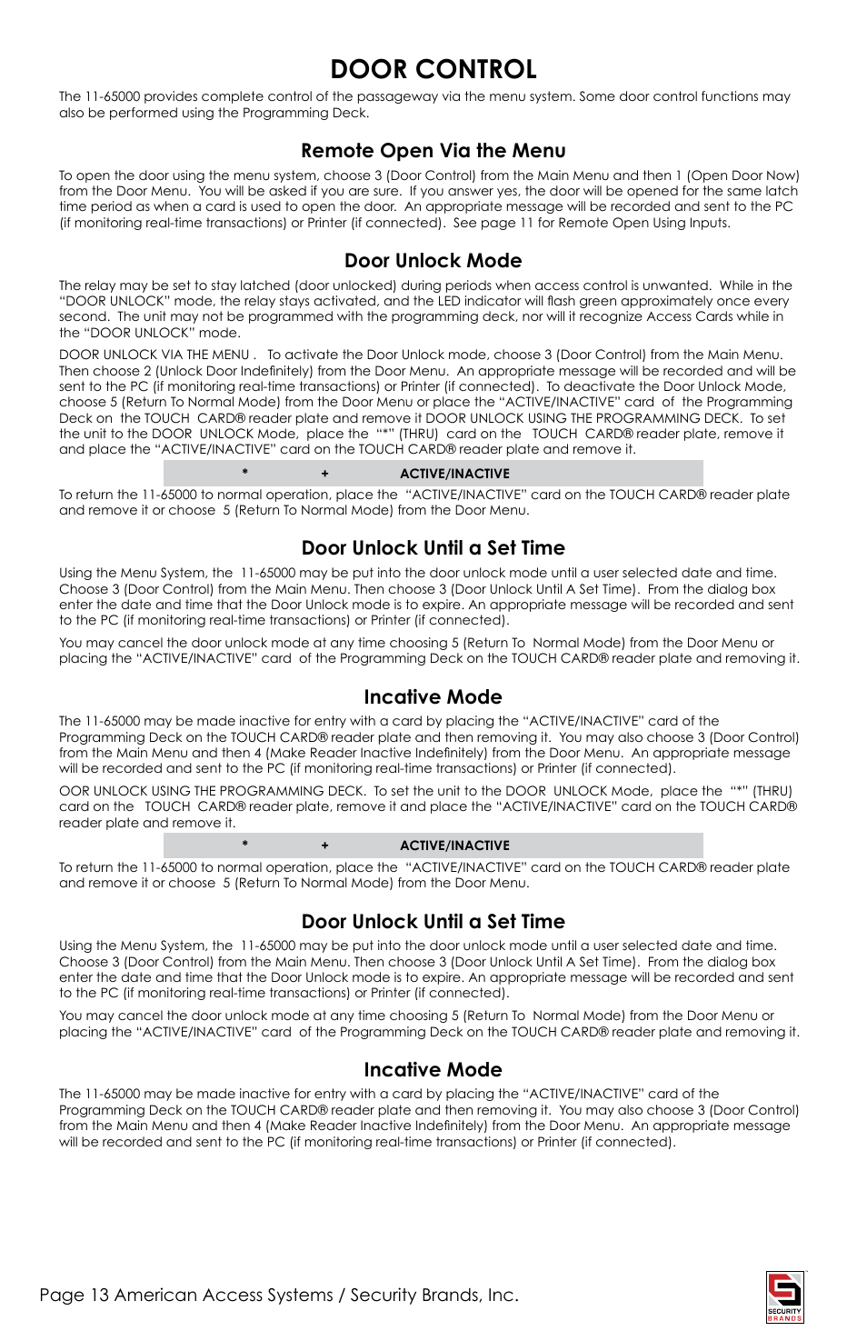 Door control, Remote open via the menu, Door unlock mode | Door unlock until a set time, Incative mode | American Access Systems Touch Plate Reader - 11-65000 User Manual | Page 13 / 32