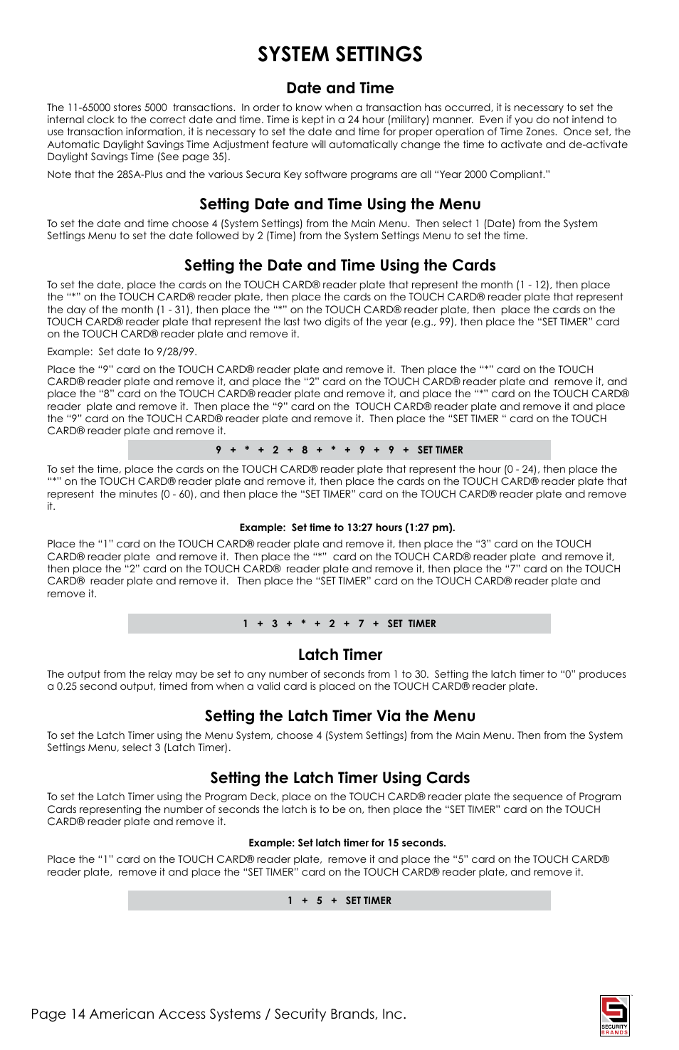 System settings, Date and time, Setting date and time using the menu | Setting the date and time using the cards, Latch timer, Setting the latch timer via the menu, Setting the latch timer using cards | American Access Systems Touch Plate Reader - 11-65000 User Manual | Page 14 / 32