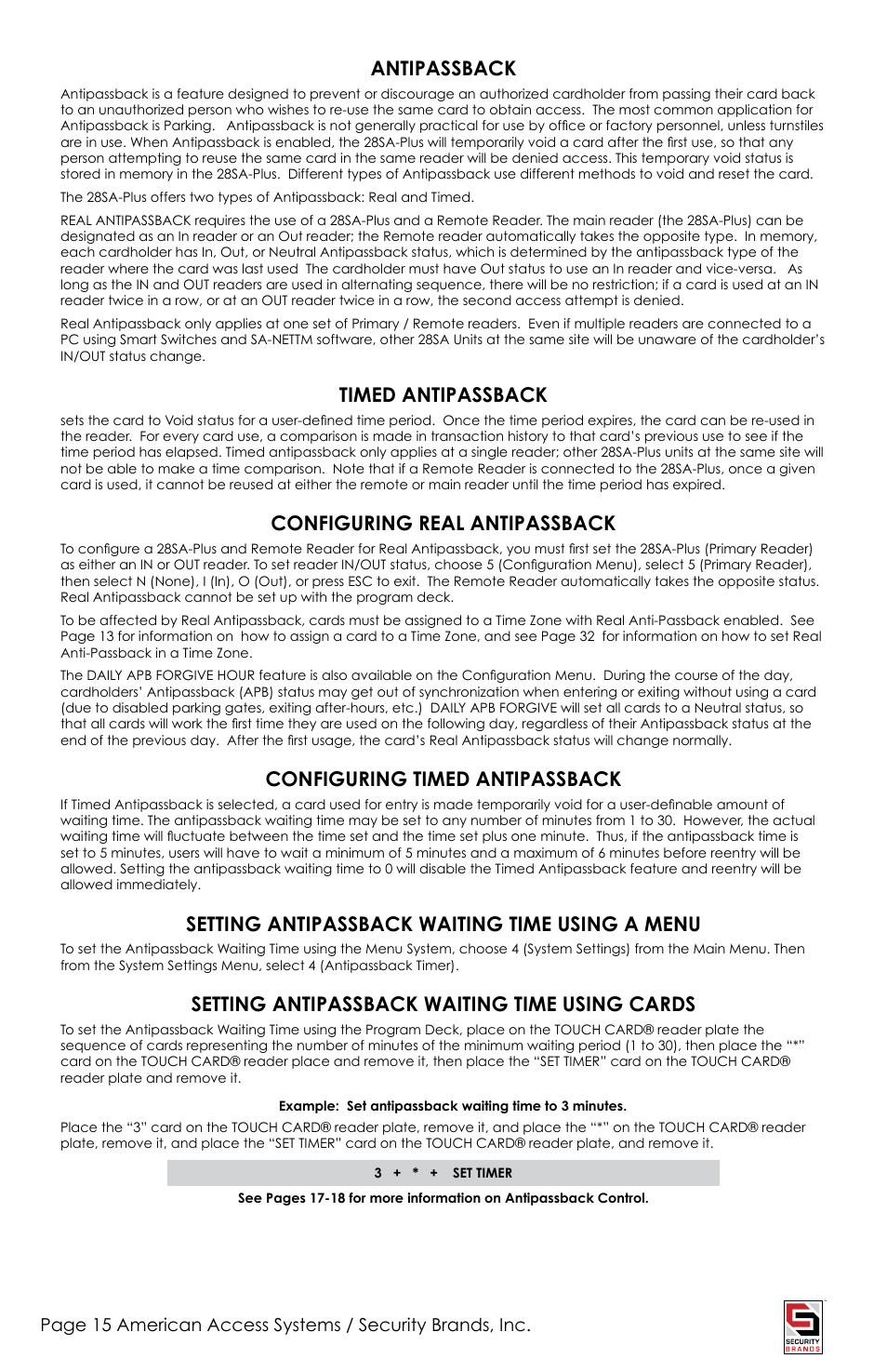 Antipassback, Timed antipassback, Configuring real antipassback | Configuring timed antipassback, Setting antipassback waiting time using a menu, Setting antipassback waiting time using cards | American Access Systems Touch Plate Reader - 11-65000 User Manual | Page 15 / 32