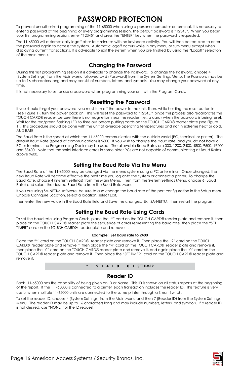 Password protection, Changing the password, Resetting the password | Setting the baud rate via the menu, Setting the baud rate using cards, Reader id | American Access Systems Touch Plate Reader - 11-65000 User Manual | Page 16 / 32
