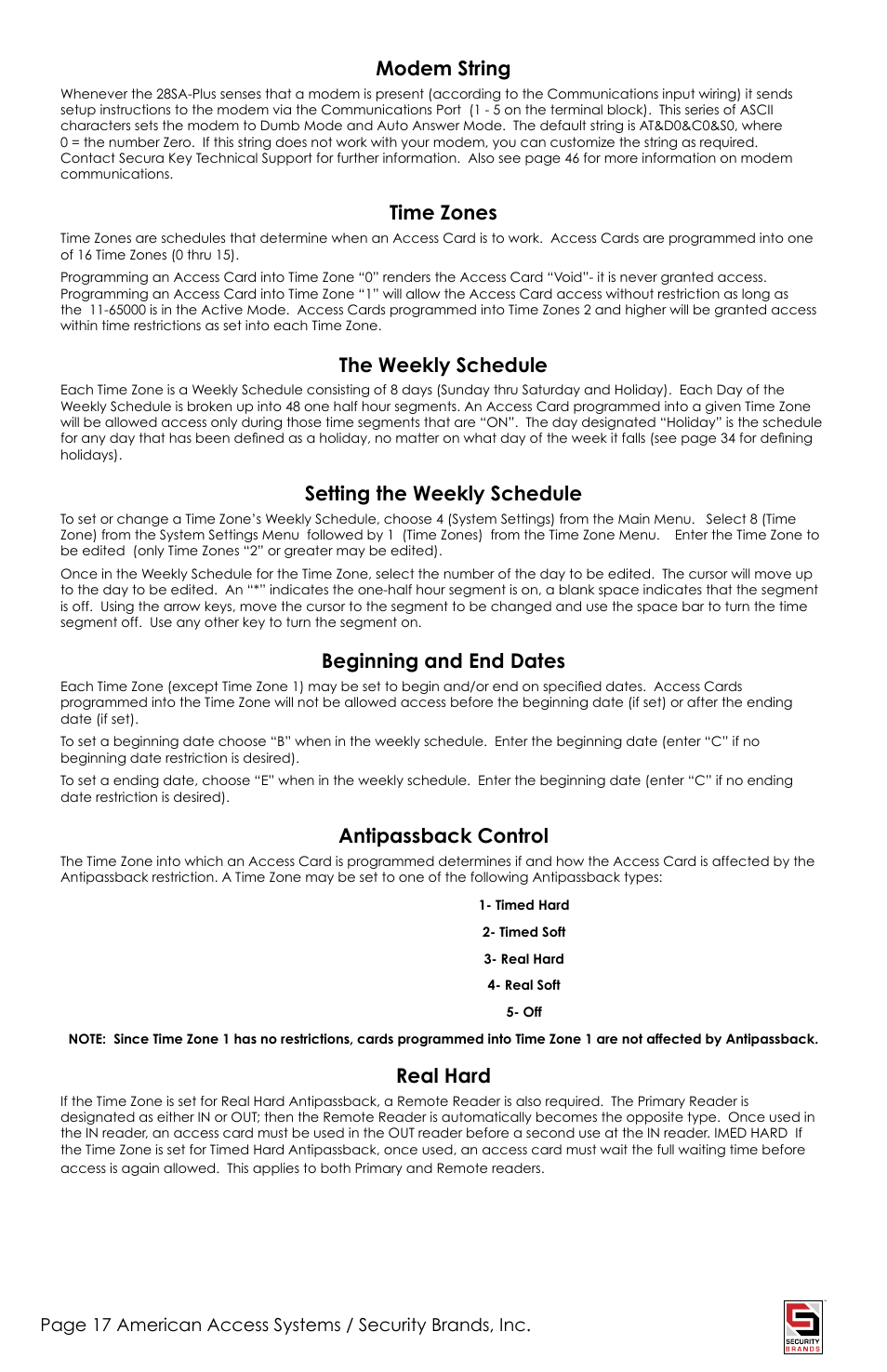 Modem string, Time zones, The weekly schedule | Setting the weekly schedule, Beginning and end dates, Antipassback control, Real hard | American Access Systems Touch Plate Reader - 11-65000 User Manual | Page 17 / 32