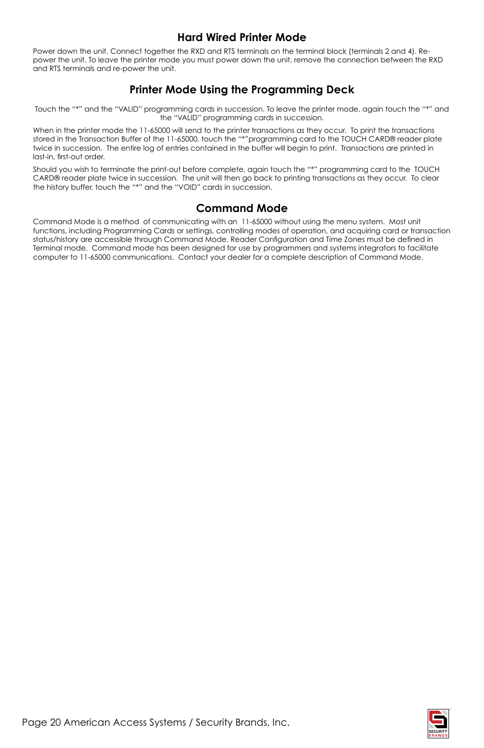 Hard wired printer mode, Printer mode using the programming deck, Command mode | American Access Systems Touch Plate Reader - 11-65000 User Manual | Page 20 / 32