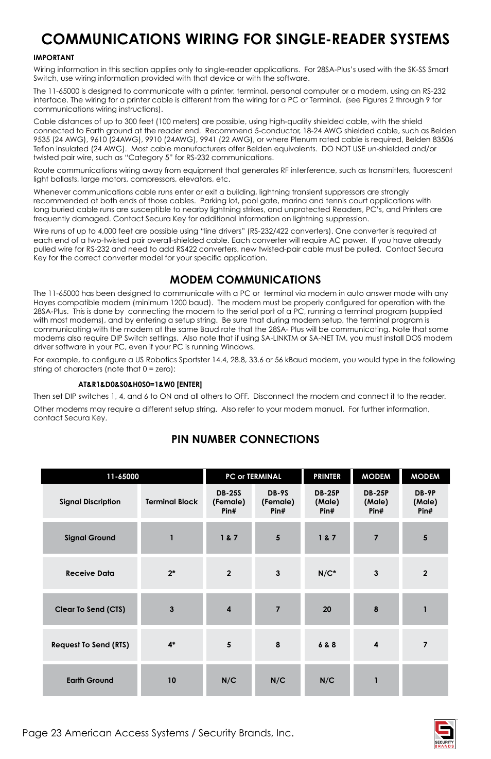 Communications wiring for single-reader systems, Modem communications, Pin number connections | American Access Systems Touch Plate Reader - 11-65000 User Manual | Page 23 / 32