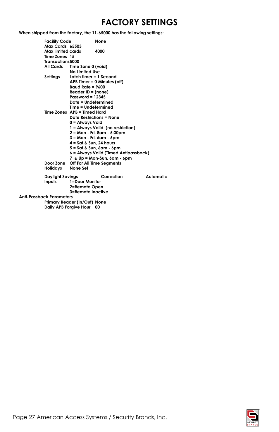 Factory settings | American Access Systems Touch Plate Reader - 11-65000 User Manual | Page 27 / 32