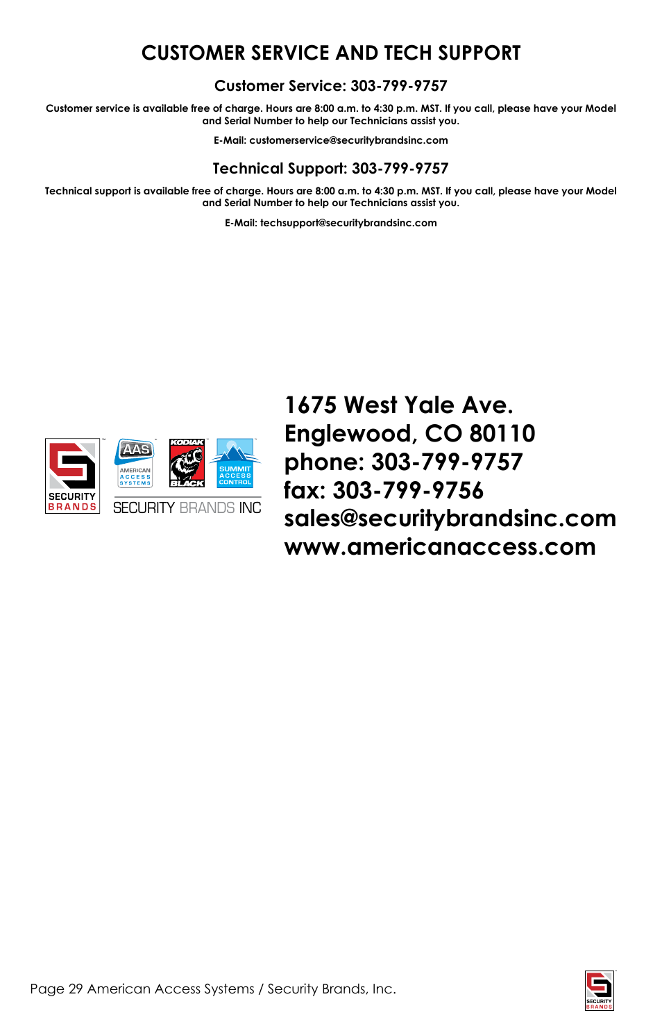 Customer service and tech support | American Access Systems Touch Plate Reader - 11-65000 User Manual | Page 29 / 32