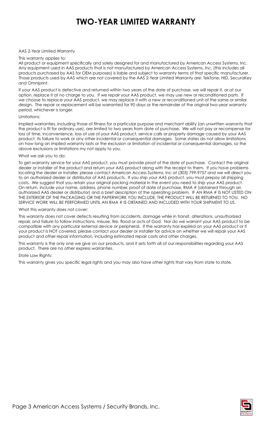 Two-year limited warranty | American Access Systems Touch Plate Reader - 11-65000 User Manual | Page 3 / 32