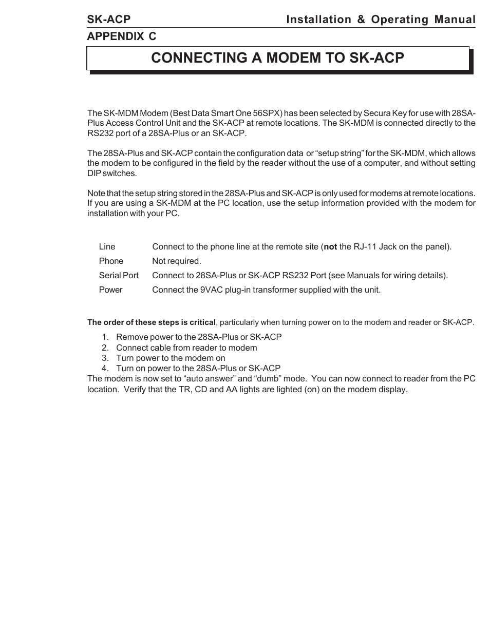 Connecting a modem to sk-acp | American Access Systems ProAccess 200sa User Manual | Page 21 / 36