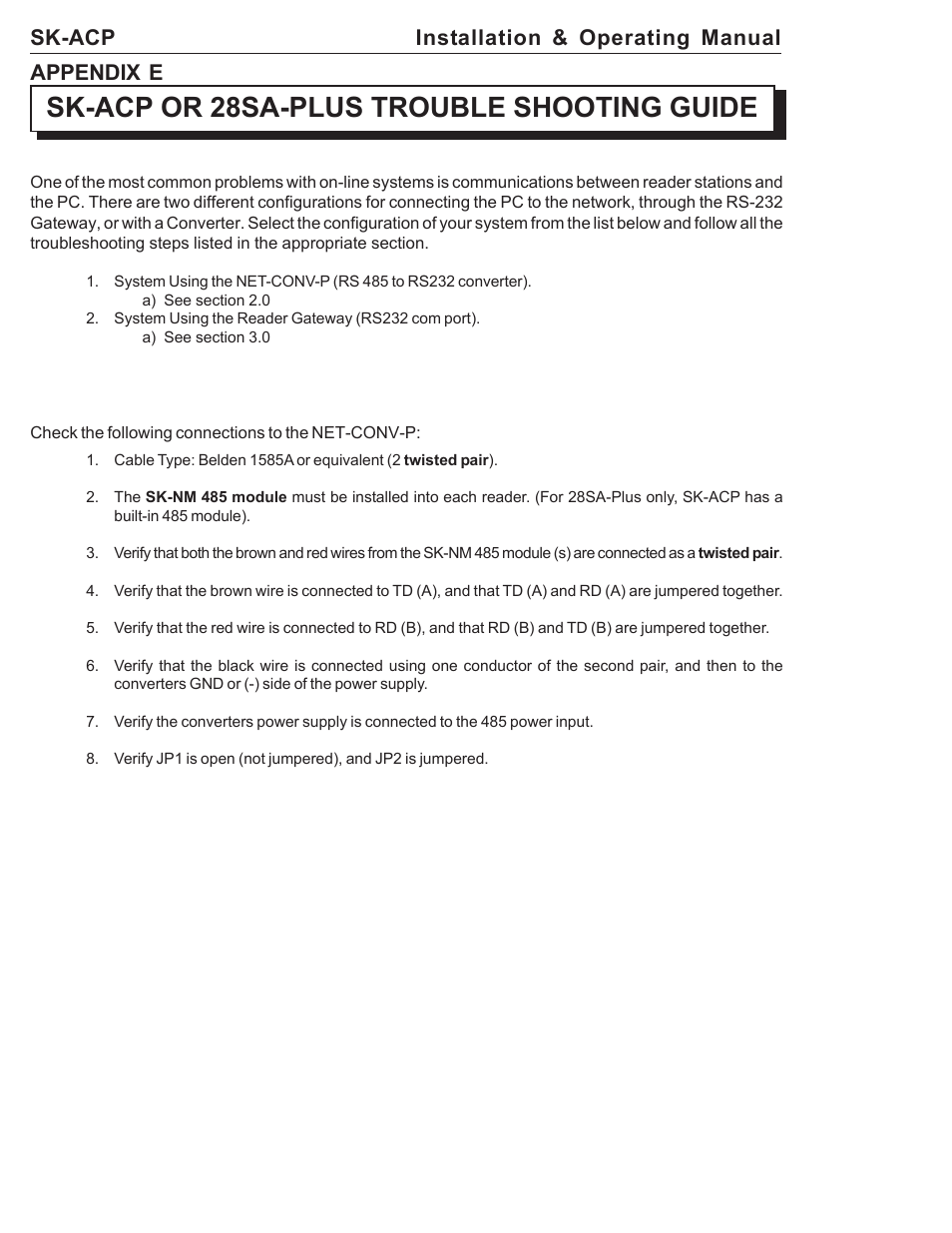 Sk-acp or 28sa-plus trouble shooting guide, Sk-acp installation & operating manual, Appendix e | American Access Systems ProAccess 200sa User Manual | Page 26 / 36